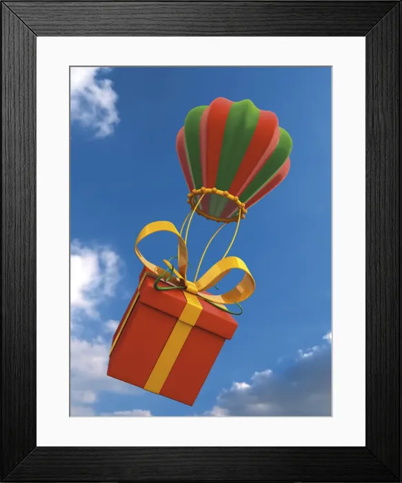 Framed Print : A present is attached to a balloon in the air, 3D rendering, illustration Framed Print : A present is attached to a balloon in the air, 3D rendering, illustration