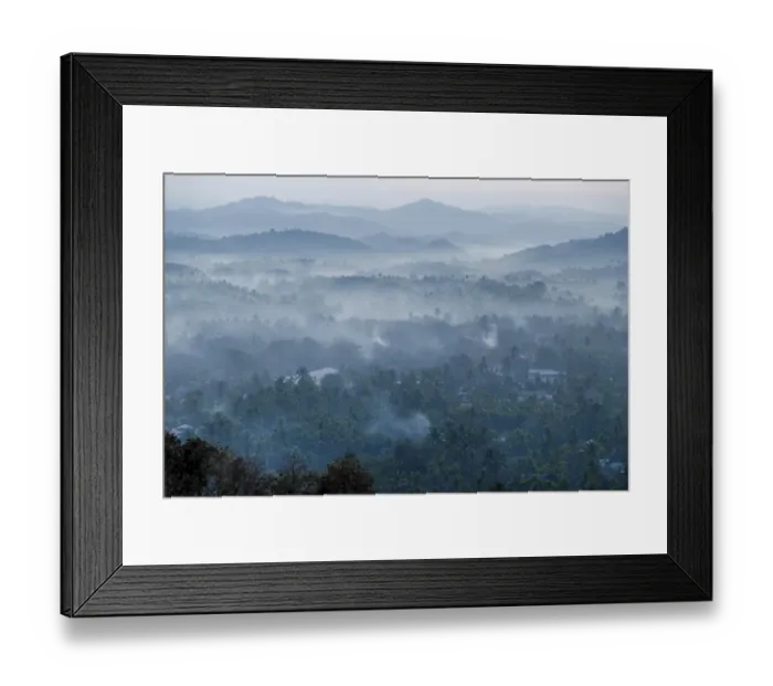Framed Print : Morning fog over a hilly landscape, Ngapali Beach, Thandwe, Myanmar Framed Print : Morning fog over a hilly landscape, Ngapali Beach, Thandwe, Myanmar