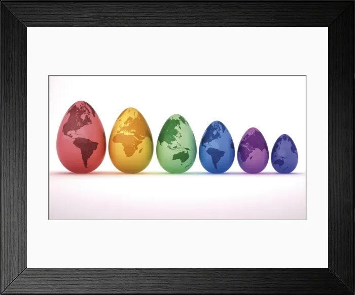 Framed Print : Colourful Easter eggs, painted with different continents, 3D illustration Framed Print : Colourful Easter eggs, painted with different continents, 3D illustration