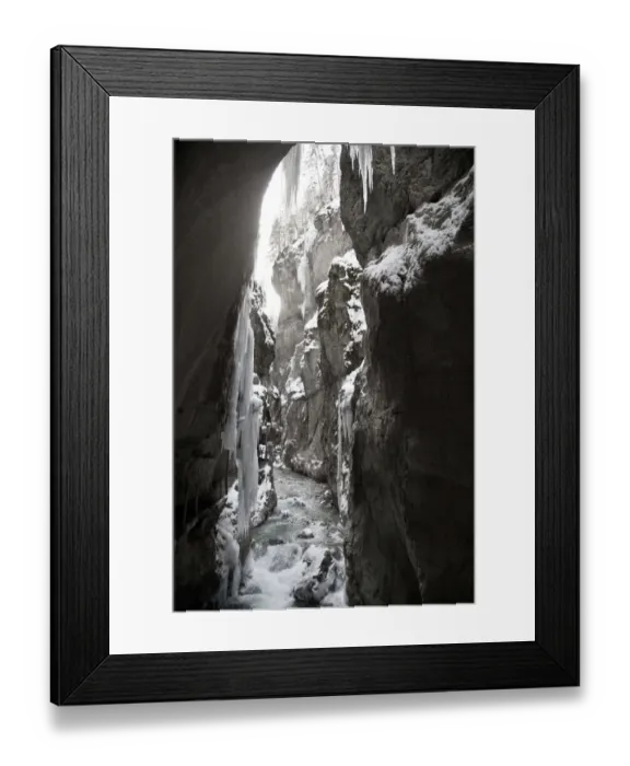 Framed Print : Icy gorge with a mountain stream and steep rock walls, view out of a cave, Partnach Gorge, near Garmisch-Partenkirchen, Upper Bavaria, Bavaria, Germany Framed Print : Icy gorge with a mountain stream and steep rock walls, view out of a cave, Partnach Gorge, near Garmisch-Partenkirchen, Upper Bavaria, Bavaria, Germany