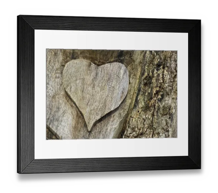 Framed Print : Wooden heart carved Into a tree trunk, Germany