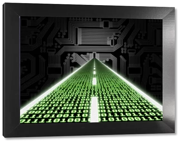Road made of binary code leading towards a stylized circuit board, conceptual image for data highway, broadband connection, 3D illustration