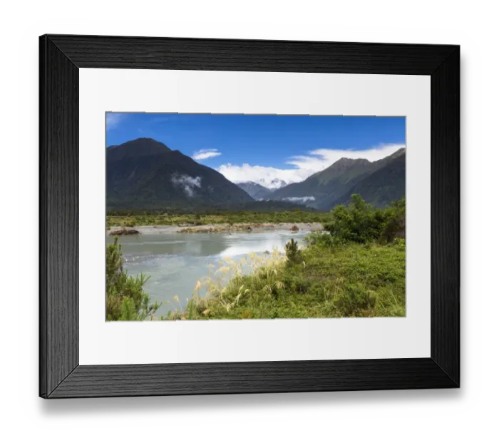 Framed Print : Mahitahi River with views towards the Bannock Brea Range and the snow-capped Mount Stratford, 1977m, Southern Alps, Bruce Bay, West Coast Region, New Zealand Framed Print : Mahitahi River with views towards the Bannock Brea Range and the snow-capped Mount Stratford, 1977m, Southern Alps, Bruce Bay, West Coast Region, New Zealand