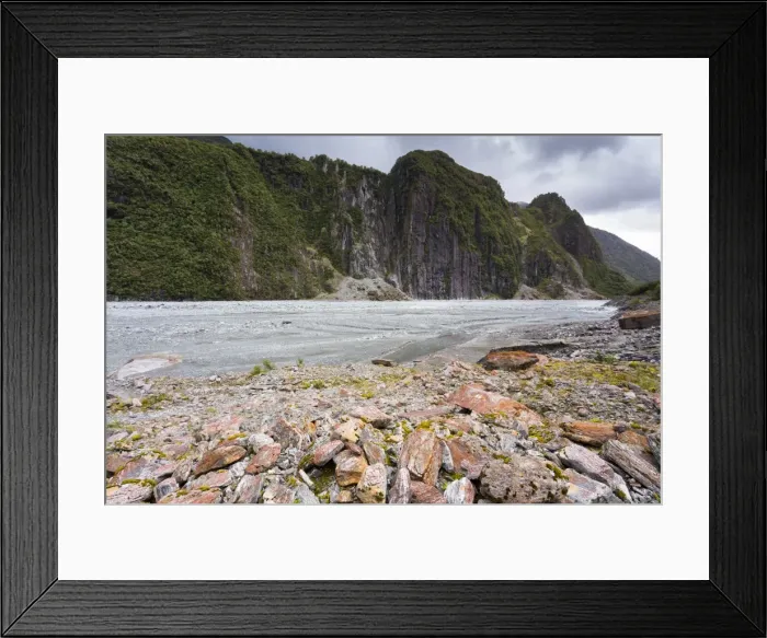 Framed Print : Glacial valley with abraded mountain edges of the Fox Glacier, Fox Glacier, Westland National Park, West Coast Region, New Zealand Framed Print : Glacial valley with abraded mountain edges of the Fox Glacier, Fox Glacier, Westland National Park, West Coast Region, New Zealand