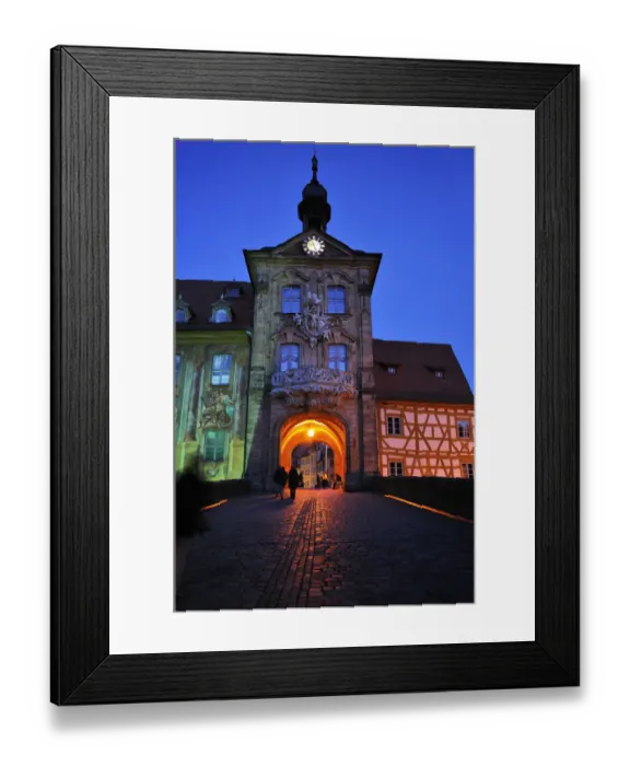 Framed Print : Old Town Hall at dusk, built from 1461-1467 in its present form in the Regnitz River, Obere Bruecke bridge at the front, Obere Brucke 1, Altstadt, Bamberg, Upper Franconia, Bavaria, Germany Framed Print : Old Town Hall at dusk, built from 1461-1467 in its present form in the Regnitz River, Obere Bruecke bridge at the front, Obere Brucke 1, Altstadt, Bamberg, Upper Franconia, Bavaria, Germany