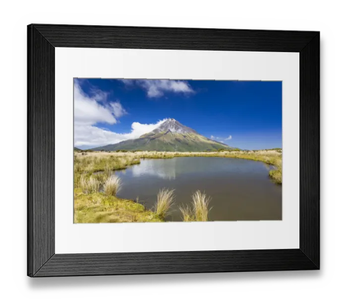 Framed Print : Mountain lake with the Mount Taranaki volcano, Pouakai Range, Egmont National Park, Taranaki Region, New Zealand Framed Print : Mountain lake with the Mount Taranaki volcano, Pouakai Range, Egmont National Park, Taranaki Region, New Zealand