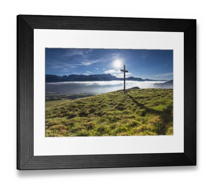 Framed Print : Summit cross of Gerenberg Mountain with high fog in front of the Alpstein Mountains, Gerenberg, Appenzell, Switzerland Framed Print : Summit cross of Gerenberg Mountain with high fog in front of the Alpstein Mountains, Gerenberg, Appenzell, Switzerland