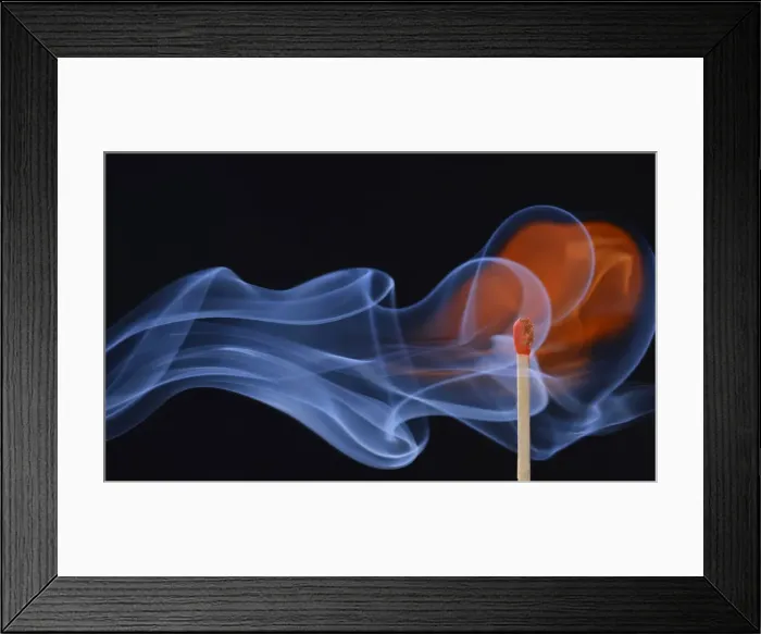 Framed Print : Lit matchstick with a flame and smoke, Germany Framed Print : Lit matchstick with a flame and smoke, Germany