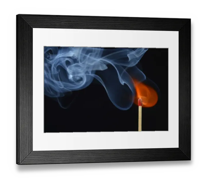 Framed Print : Lit matchstick with a flame and smoke, Germany