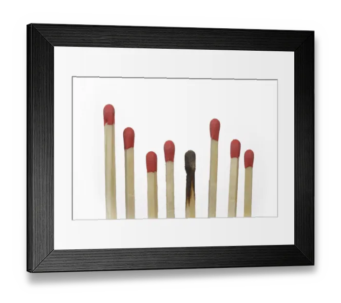 Framed Print : A row of matches, one match is burned, symbolic image of burnout, exclusion, Germany