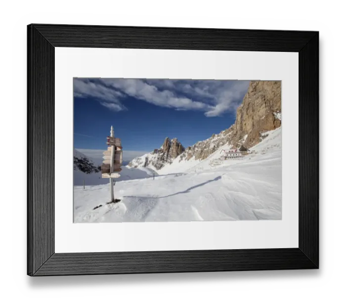 Framed Print : Signpost, Tierser Alplhutte mountain cabin and Rosszahne peaks in winter, Seiser Alm alp, Province of South Tyrol, Italy Framed Print : Signpost, Tierser Alplhutte mountain cabin and Rosszahne peaks in winter, Seiser Alm alp, Province of South Tyrol, Italy