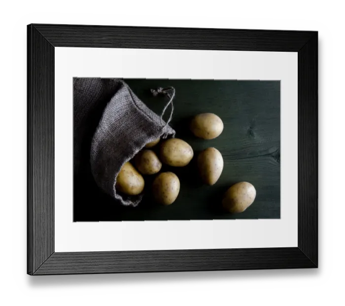 Framed Print : Potatoes in burlap sack on wood Framed Print : Potatoes in burlap sack on wood