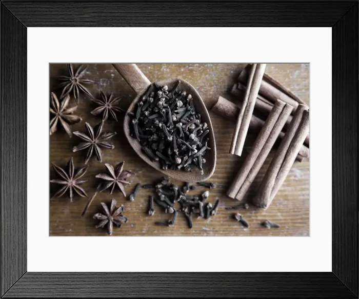 Framed Print : Spices, cloves, star anise and cinnamon sticks with wooden spoon on rustic wood Framed Print : Spices, cloves, star anise and cinnamon sticks with wooden spoon on rustic wood