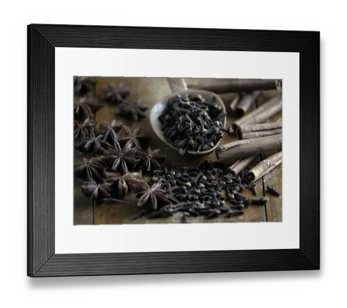 Framed Print : Spices, cloves, star anise and cinnamon sticks with wooden spoon on rustic wood Framed Print : Spices, cloves, star anise and cinnamon sticks with wooden spoon on rustic wood
