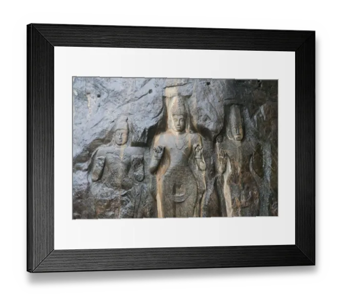 Framed Print : Shrine of Mahayana Buddhism, three old Buddha statues as rock reliefs, Buduruvagala, Wellawaya, Monaragala Distrikt, Sri Lanka