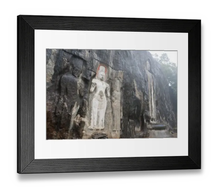 Framed Print : Shrine of Mahayana Buddhism, three old Buddha statues as rock reliefs, Avalokiteshvara in white, larger Buddha on the right, Buduruvagala, Wellawaya, Monaragala Distrikt, Sri Lanka