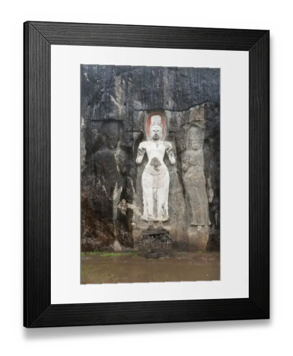 Framed Print : Shrine of Mahayana Buddhism, three old Buddha statues as rock reliefs, Avalokiteshvara in white, Tara on the right, Buduruvagala, Wellawaya, Monaragala Distrikt, Sri Lanka