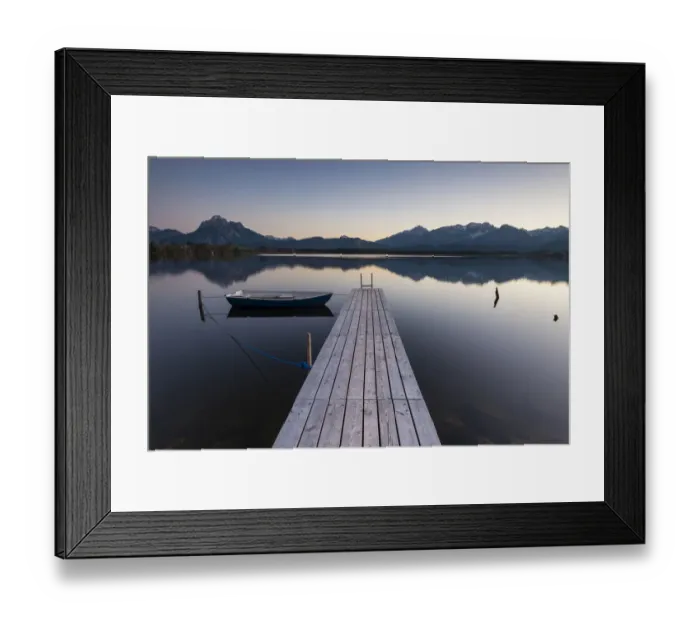 Framed Print : Evening light on Hopfensee Lake with jetty and rowing boat, Allgaeu Alps at back, Fuessen, Ostallgaeu region, Allgaeu, Bavaria, Germany, Europe Framed Print : Evening light on Hopfensee Lake with jetty and rowing boat, Allgaeu Alps at back, Fuessen, Ostallgaeu region, Allgaeu, Bavaria, Germany, Europe