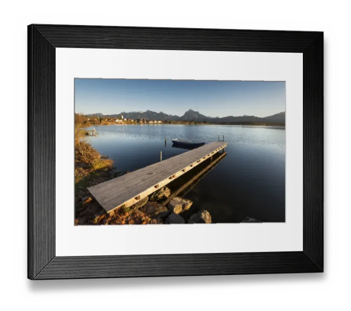 Framed Print : Jetty and rowing boat on the shore of Hopfensee Lake near Fuessen, Ostallgaeu region, Allgaeu, Bavaria, Germany, Europe Framed Print : Jetty and rowing boat on the shore of Hopfensee Lake near Fuessen, Ostallgaeu region, Allgaeu, Bavaria, Germany, Europe