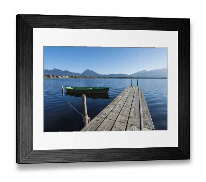 Framed Print : Rowing boat with jetty on the shore of Hopfensee Lake near Fuessen, Ostallgaeu region, Allgaeu, Bavaria, Germany, Europe