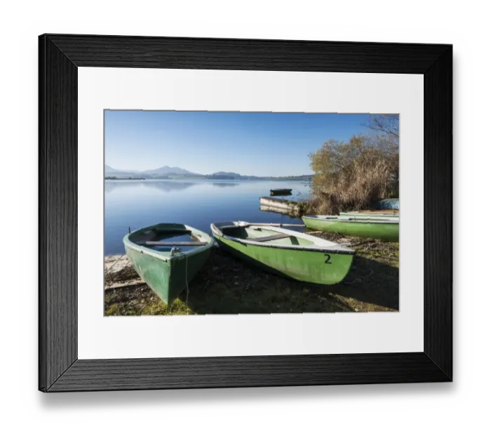 Framed Print : Rowing boats on the shore of Hopfensee Lake near Fuessen, Ostallgaeu region, Allgaeu, Bavaria, Germany, Europe Framed Print : Rowing boats on the shore of Hopfensee Lake near Fuessen, Ostallgaeu region, Allgaeu, Bavaria, Germany, Europe