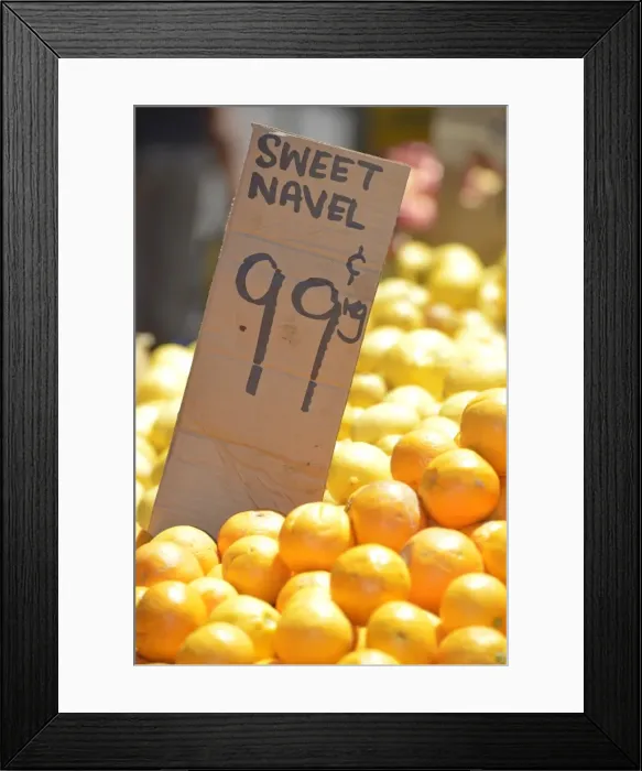 Framed Print : Sweet Navel oranges with a price tag Framed Print : Sweet Navel oranges with a price tag