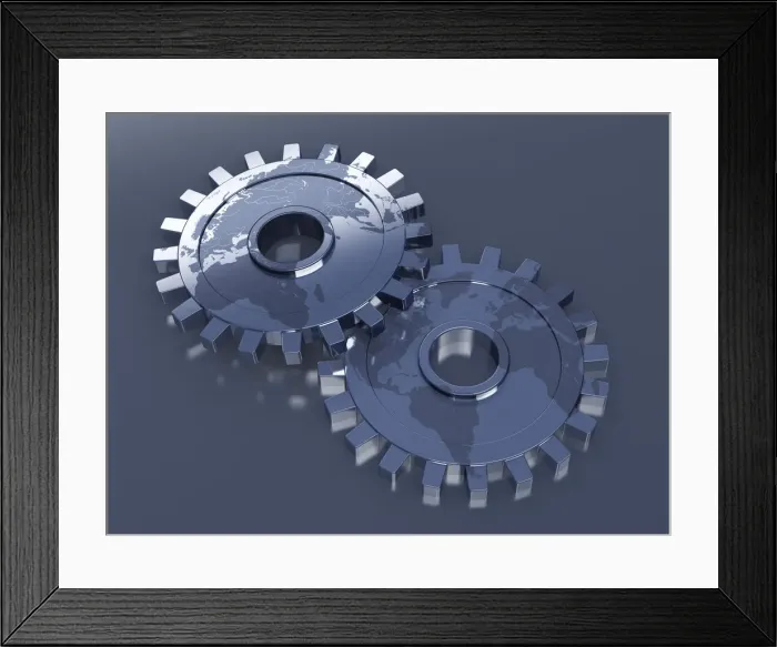 Framed Print : Gears with a world map, 3D illustration Framed Print : Gears with a world map, 3D illustration