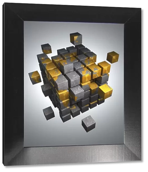 Cube with a map of America being put together from smaller cubes, 3D illustration