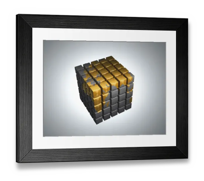 Framed Print : Cube with a map of Europe and Africa being put together from smaller cubes, 3D illustration Framed Print : Cube with a map of Europe and Africa being put together from smaller cubes, 3D illustration