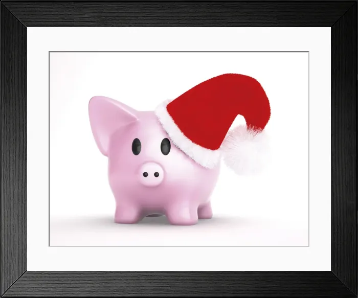 Framed Print : Piggy bank wearing a santa hat, 3D illustration Framed Print : Piggy bank wearing a santa hat, 3D illustration
