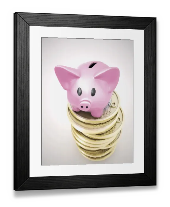 Framed Print : Piggy bank on a pile of euro coins, 3D illustration Framed Print : Piggy bank on a pile of euro coins, 3D illustration