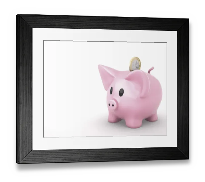 Framed Print : Piggy bank with a 1 euro coin, 3D illustration Framed Print : Piggy bank with a 1 euro coin, 3D illustration