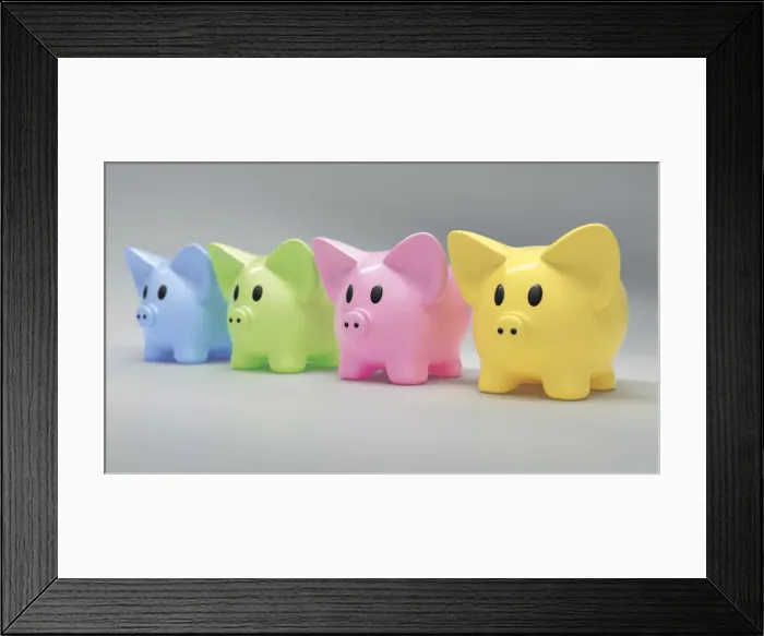 Framed Print : A row of colorful piggy banks Framed Print : A row of colorful piggy banks