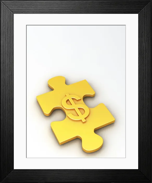 Framed Print : Piece of a puzzle with a dollar sign
