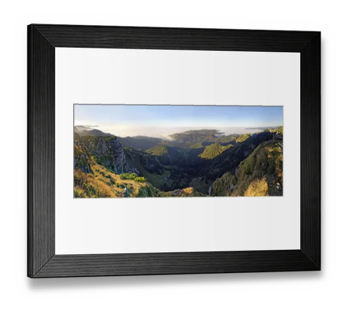 Framed Print : Panorama from the Benediktenwand ridge to the Tutzinger hut and Alpine foreland country in fog, from Benediktbeuern, Upper Bavaria, Bavaria, Germany Framed Print : Panorama from the Benediktenwand ridge to the Tutzinger hut and Alpine foreland country in fog, from Benediktbeuern, Upper Bavaria, Bavaria, Germany