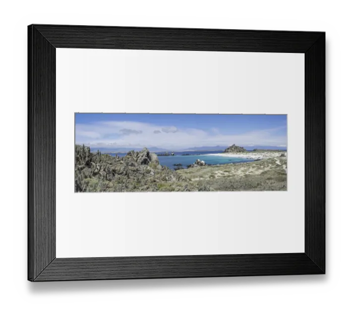 Framed Print : Bay with a white sandy beach on Damas Island, Coquimbo Region, Chile Framed Print : Bay with a white sandy beach on Damas Island, Coquimbo Region, Chile