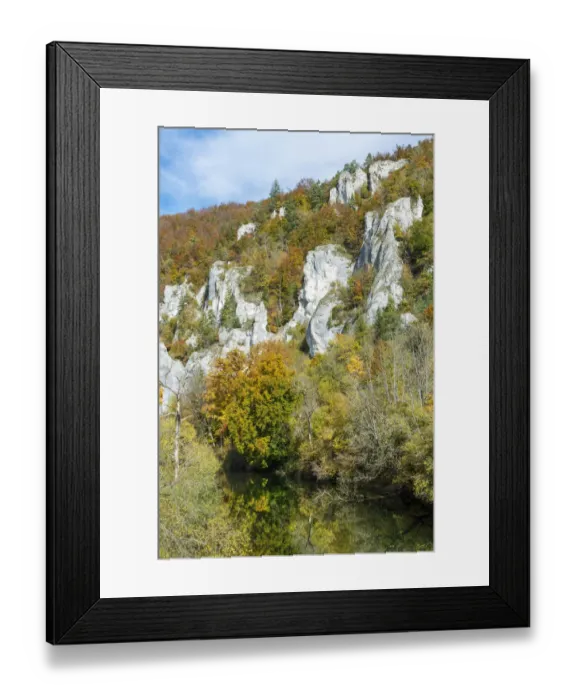 Framed Print : Craggy limestone rocks with a deciduous forest with autumnal colours, Danube Valley, Baden-Wuerttemberg, Germany, Europe