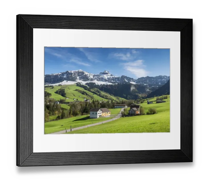 Framed Print : Green pastures in Appenzellerland in front of the snow-capped Appenzell Alps, Canton of Appenzell-Innerrhoden, Switzerland, Europe Framed Print : Green pastures in Appenzellerland in front of the snow-capped Appenzell Alps, Canton of Appenzell-Innerrhoden, Switzerland, Europe
