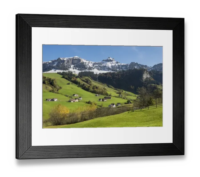 Framed Print : Green pastures in Appenzellerland in front of the snow-capped Appenzell Alps, Canton of Appenzell-Innerrhoden, Switzerland, Europe Framed Print : Green pastures in Appenzellerland in front of the snow-capped Appenzell Alps, Canton of Appenzell-Innerrhoden, Switzerland, Europe