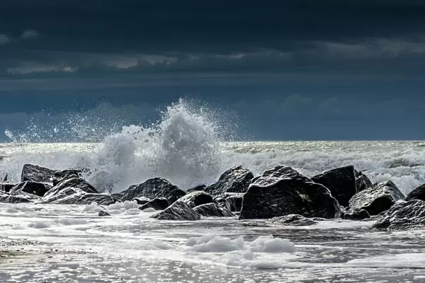 Waves charing on rocks, North Sea Coast, Holmes Country, Jutland, Denmark