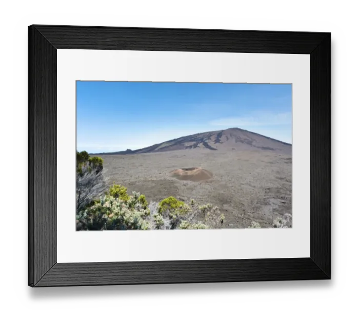 Framed Print : Vegetation in front of Formica Leo, a small ash crater in front of the Piton de la Fournaise volcano, seen from the Pas de Bellecombe mountain pass, Pas de Bellecombe, La Reunion, Reunion, France