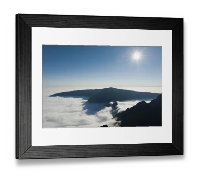 Framed Print : View from the summit, bright sun, Piton des Neiges Mountain, 3069 m, above the clouds, near Cilaos, French Overseas Territory, La Reunion