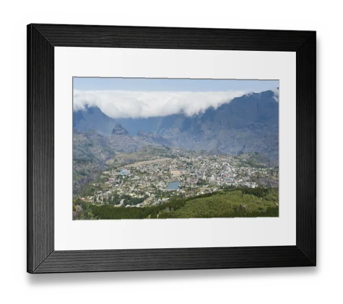Framed Print : View over the city and the For?t du Grand Matarum, wall of clouds, Cirque de Cilaos, Cilaos, French Overseas Territory, La Reunion Framed Print : View over the city and the For?t du Grand Matarum, wall of clouds, Cirque de Cilaos, Cilaos, French Overseas Territory, La Reunion