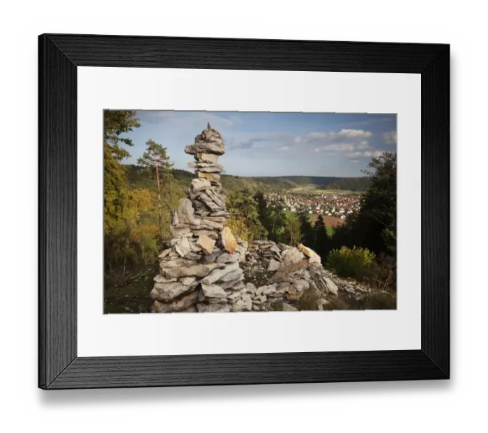 Framed Print : View past a cairn towards Dietfurt from Hirschblick lookout, Dietfurt, Bavaria, Germany Framed Print : View past a cairn towards Dietfurt from Hirschblick lookout, Dietfurt, Bavaria, Germany