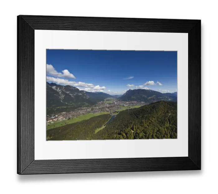 Framed Print : Aerial view, Garmisch-Partenkirchen, Riessersee, Mt Wank, Wetterstein Range, Loisachtal Valley, Werdenfelser Land Region, Bayerisches Oberland, Bavaria, Germany Framed Print : Aerial view, Garmisch-Partenkirchen, Riessersee, Mt Wank, Wetterstein Range, Loisachtal Valley, Werdenfelser Land Region, Bayerisches Oberland, Bavaria, Germany