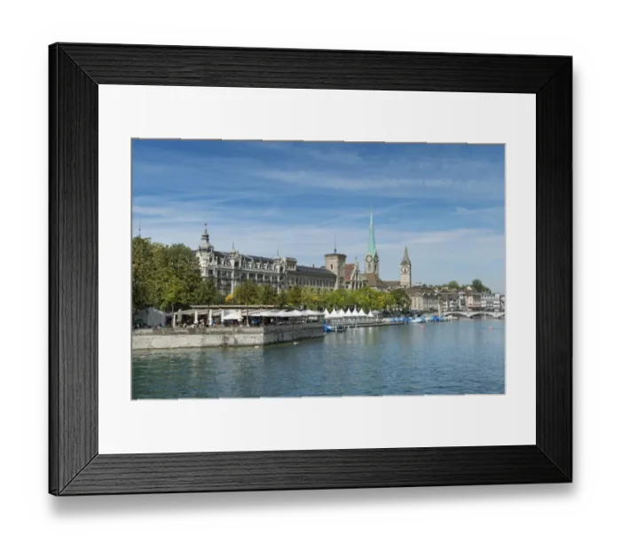 Framed Print : View from Quaibruecke bridge over the Limmat river, beer garden on the island auf Bauschaenzli, Stadthausquai and the Metropol Building, Fraumuenster Church and the spire of St. Peter church at back, Zurich, Canton of Zurich, Switzerland, Europe Framed Print : View from Quaibruecke bridge over the Limmat river, beer garden on the island auf Bauschaenzli, Stadthausquai and the Metropol Building, Fraumuenster Church and the spire of St. Peter church at back, Zurich, Canton of Zurich, Switzerland, Europe