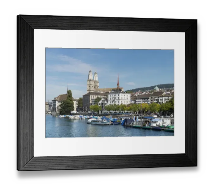 Framed Print : View from Quaibruecke bridge over the Limmat river to the marina with the Limmat quay, the twin towers of the Grossmuenster church at back, Zurich, Canton of Zurich, Switzerland, Europe Framed Print : View from Quaibruecke bridge over the Limmat river to the marina with the Limmat quay, the twin towers of the Grossmuenster church at back, Zurich, Canton of Zurich, Switzerland, Europe