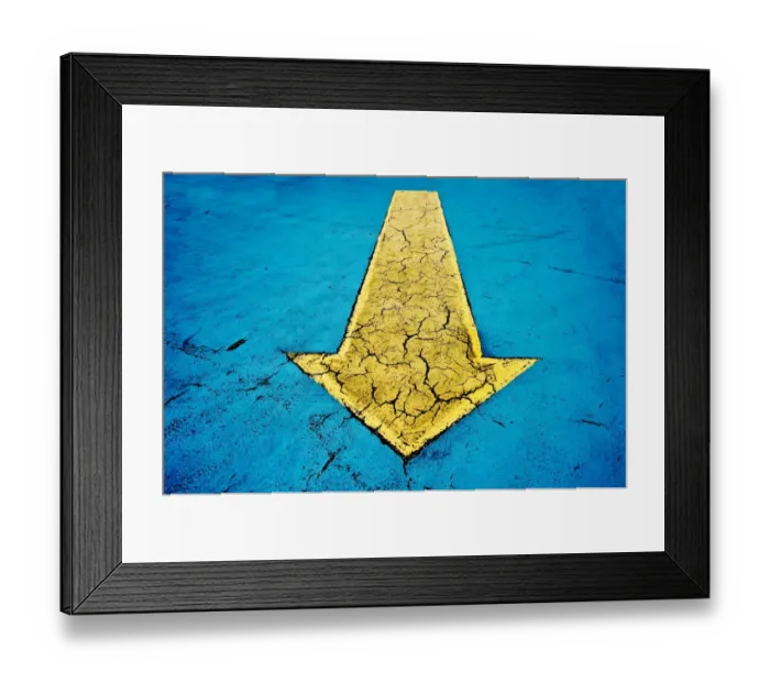 Framed Print : Yellow arrow on blue concrete with cracks Framed Print : Yellow arrow on blue concrete with cracks