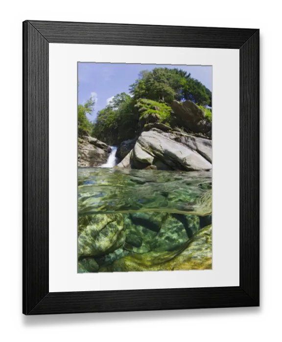 Framed Print : Split screen view, Verzasca River, Lavertezzo, Valle Verzasca, Canton Ticino, Switzerland Framed Print : Split screen view, Verzasca River, Lavertezzo, Valle Verzasca, Canton Ticino, Switzerland
