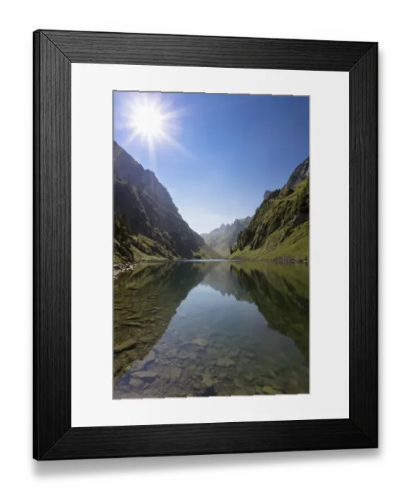 Framed Print : Faehlensee lake with the sun in Alpstein Range, Appenzell, Switzerland, Europe Framed Print : Faehlensee lake with the sun in Alpstein Range, Appenzell, Switzerland, Europe